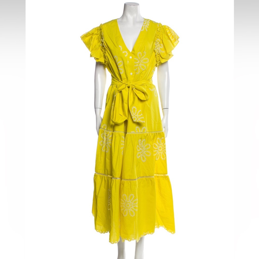 Pearl by Lela Rose Yellow Floral Embroidered Wrap Midi Dress | L